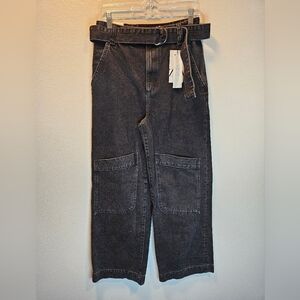 Zara Belted Denim Utility Pant Jeans Black Women Size 4 New Cargo Wide L…
